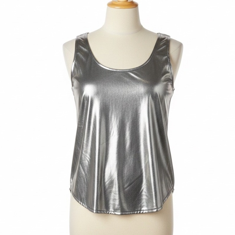 Ellen D Tank Top Women Medium Silver Metallic Liquid Foil Sleeveless Scoop Neck